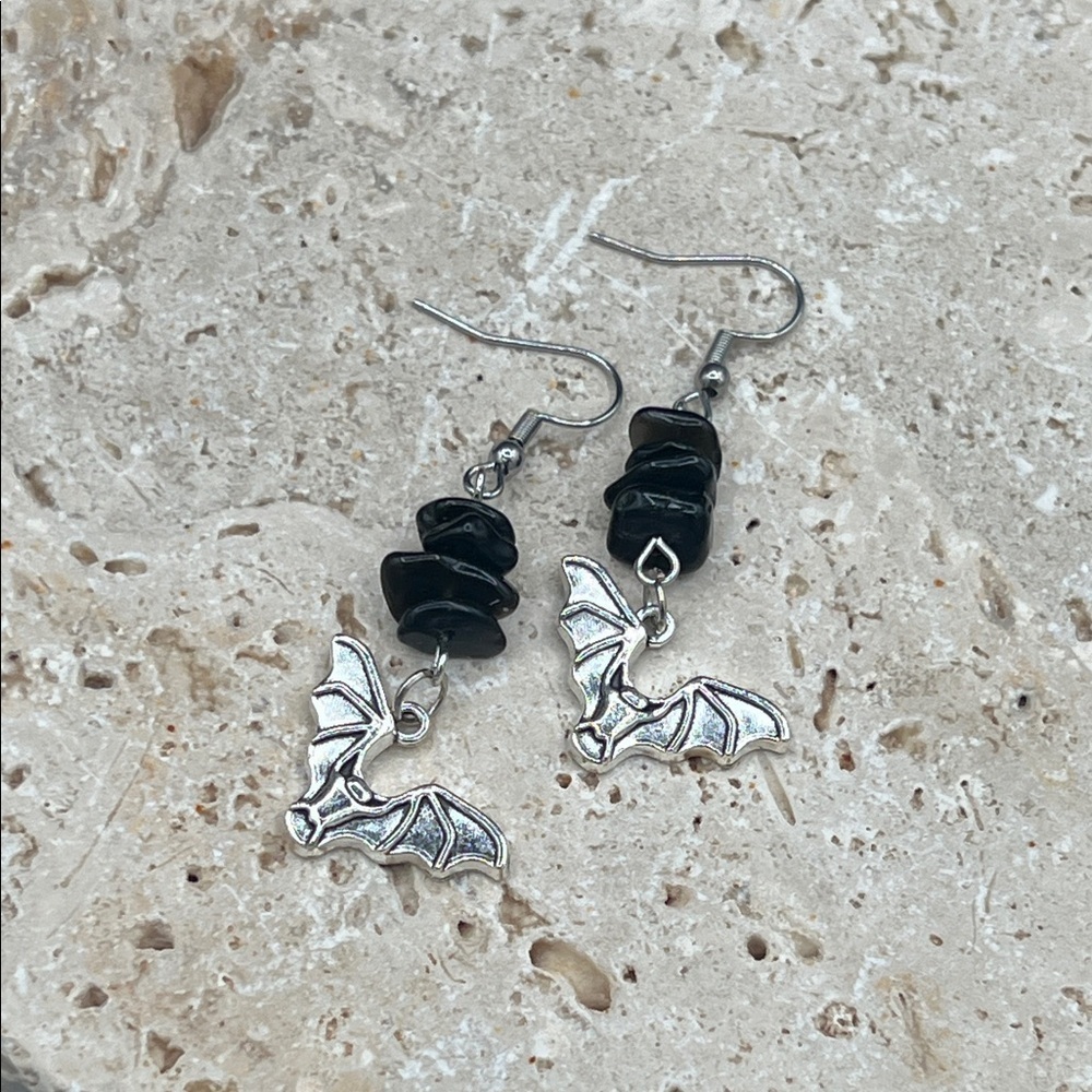 Silver and Black Bat Earrings